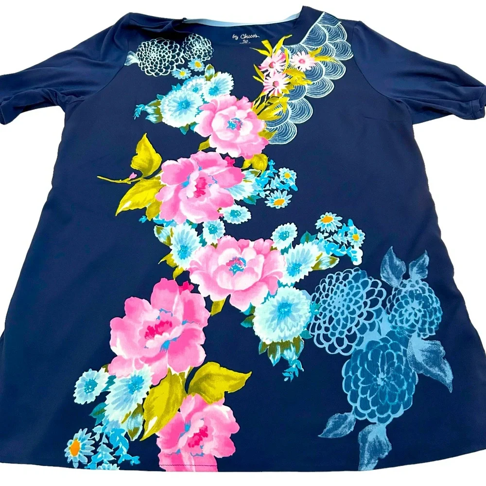 Chico’s Blue Multicolor Floral Garden Party Tunic, Size 2 Medium